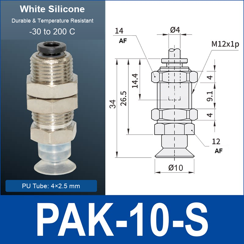 PAK-10-S – 10 mm, translucent white silicone, M12 AF, translucent white silicone side-port vacuum cup, M12 mount, PT1/8 port, HEX AF 12 mm, 4×2.5 mm tube, with dimensions