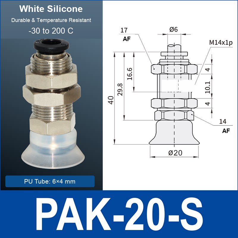 PAK-20-S – 20 mm, translucent white silicone, M14 AF, translucent white silicone side-port vacuum cup, M14 mount, PT1/8 port, HEX AF 14 mm, 6×4 mm tube, with dimensions