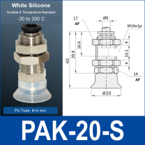 PAK-20-S – 20 mm, translucent white silicone, M14 AF, translucent white silicone side-port vacuum cup, M14 mount, PT1/8 port, HEX AF 14 mm, 6×4 mm tube, with dimensions
