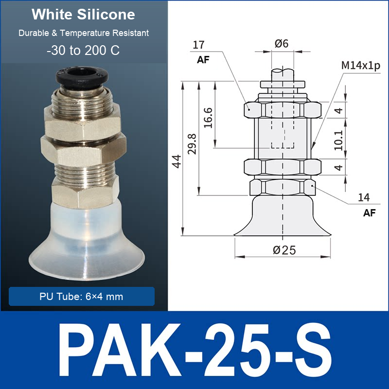 PAK-25-S – 25 mm, translucent white silicone, M14 AF, translucent white silicone side-port vacuum cup, M14 mount, PT1/8 port, HEX AF 14 mm, 6×4 mm tube, with dimensions
