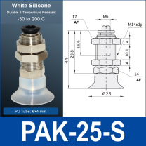 PAK-25-S – 25 mm, translucent white silicone, M14 AF, translucent white silicone side-port vacuum cup, M14 mount, PT1/8 port, HEX AF 14 mm, 6×4 mm tube, with dimensions