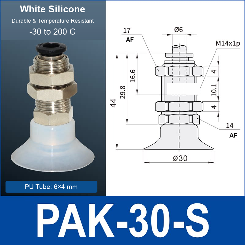 PAK-30-S – 30 mm, translucent white silicone, M14 AF, translucent white silicone side-port vacuum cup, M14 mount, PT1/8 port, HEX AF 14 mm, 6×4 mm tube, with dimensions