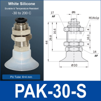 PAK-30-S – 30 mm, translucent white silicone, M14 AF, translucent white silicone side-port vacuum cup, M14 mount, PT1/8 port, HEX AF 14 mm, 6×4 mm tube, with dimensions