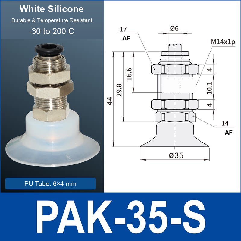 PAK-35-S – 35 mm, translucent white silicone, M14 AF, translucent white silicone side-port vacuum cup, M14 mount, PT1/8 port, HEX AF 14 mm, 6×4 mm tube, with dimensions