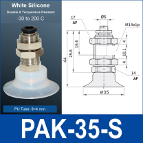 PAK-35-S – 35 mm, translucent white silicone, M14 AF, translucent white silicone side-port vacuum cup, M14 mount, PT1/8 port, HEX AF 14 mm, 6×4 mm tube, with dimensions