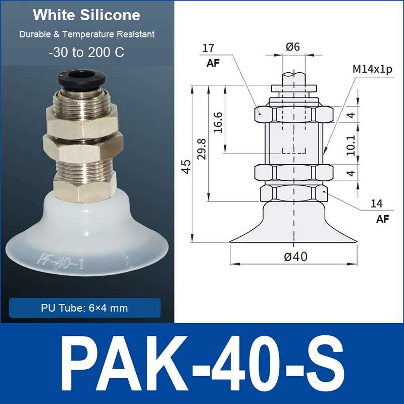 PAK-40-S – 40 mm, translucent white silicone, M14 AF, translucent white silicone side-port vacuum cup, M14 mount, PT1/8 port, HEX AF 14 mm, 6×4 mm tube, with dimensions