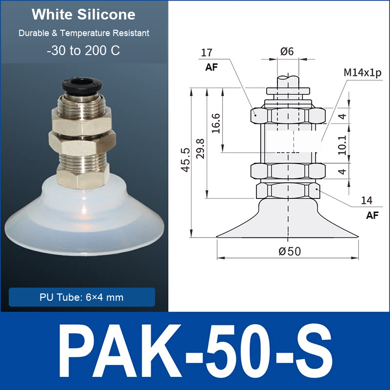 PAK-50-S – 50 mm, translucent white silicone, M14 AF, translucent white silicone side-port vacuum cup, M14 mount, PT1/8 port, HEX AF 14 mm, 6×4 mm tube, with dimensions