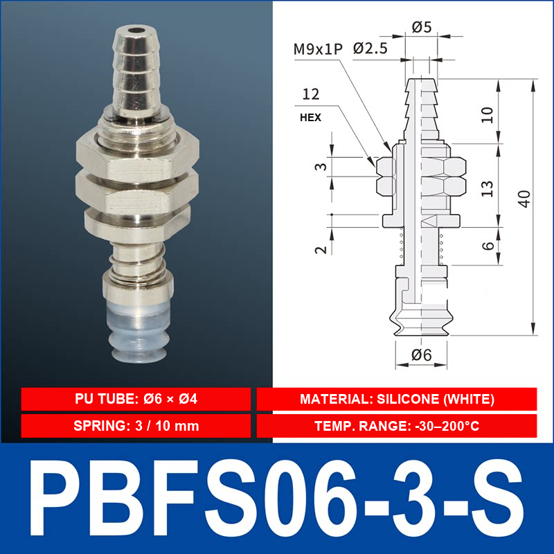 PBFS-06-3-S – Silicone PBFS spring-loaded vacuum cup mount with technical dimensions