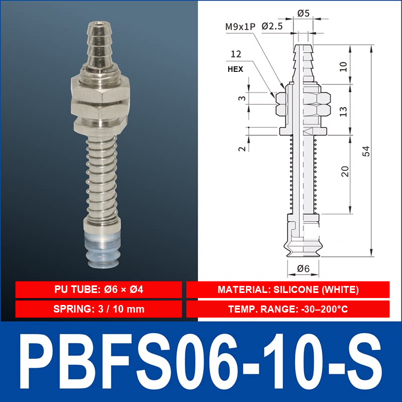 PBFS-06-10-S – Silicone PBFS spring-loaded vacuum cup mount with technical dimensions