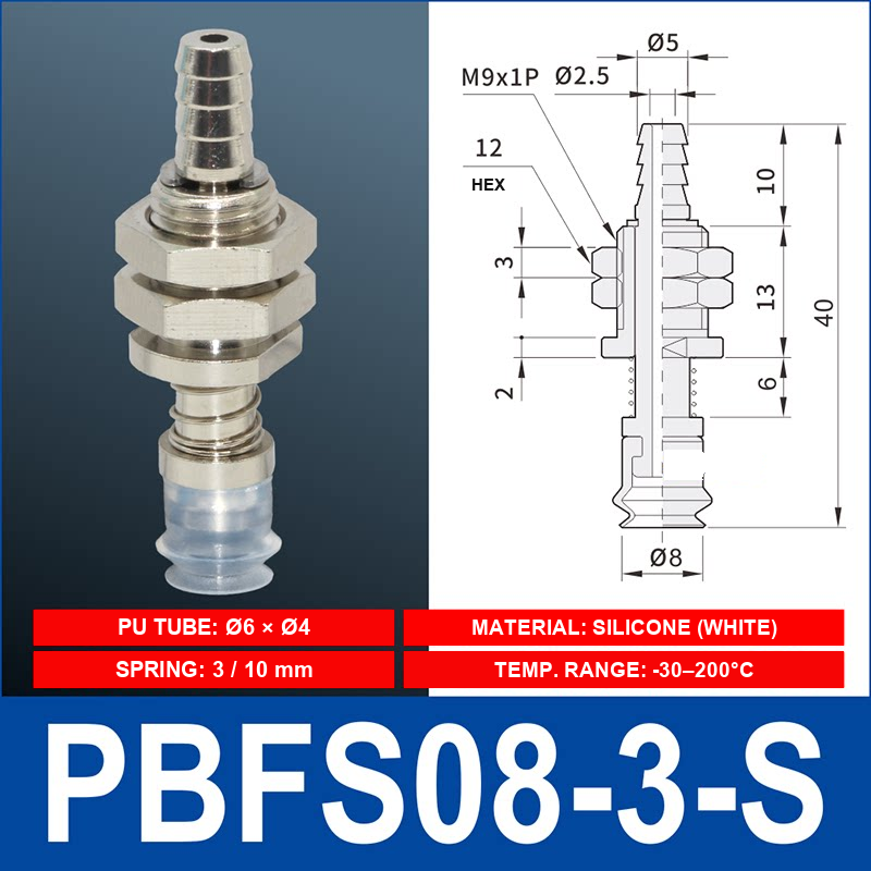 PBFS-08-3-S – Silicone PBFS spring-loaded vacuum cup mount with technical dimensions