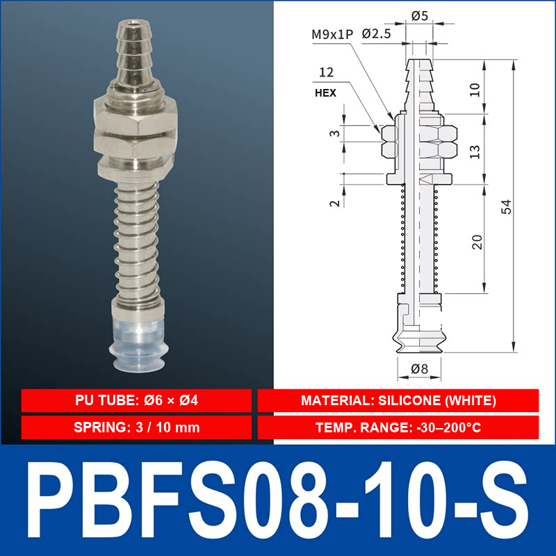 PBFS-08-10-S – Silicone PBFS spring-loaded vacuum cup mount with technical dimensions