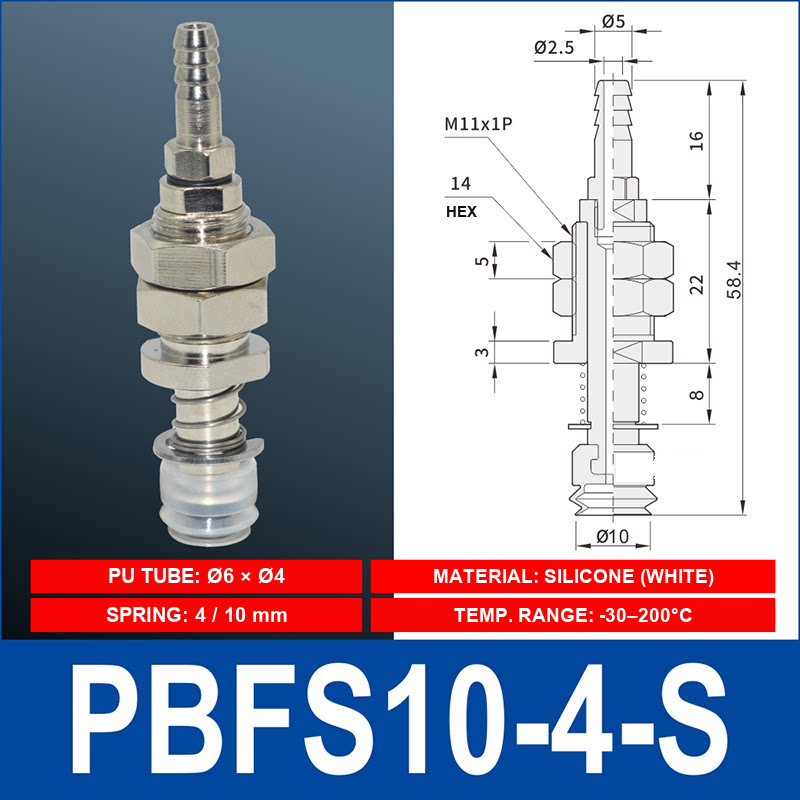 PBFS-10-4-S – Silicone PBFS spring-loaded vacuum cup mount with technical dimensions