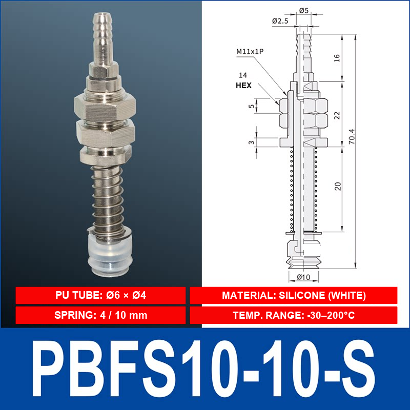 PBFS-10-10-S – Silicone PBFS spring-loaded vacuum cup mount with technical dimensions