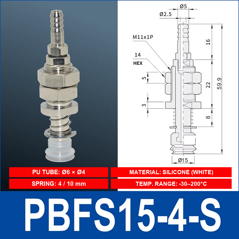 PBFS-15-4-S – Silicone PBFS spring-loaded vacuum cup mount with technical dimensions