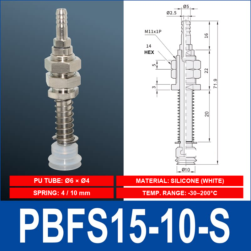 PBFS-15-10-S – Silicone PBFS spring-loaded vacuum cup mount with technical dimensions