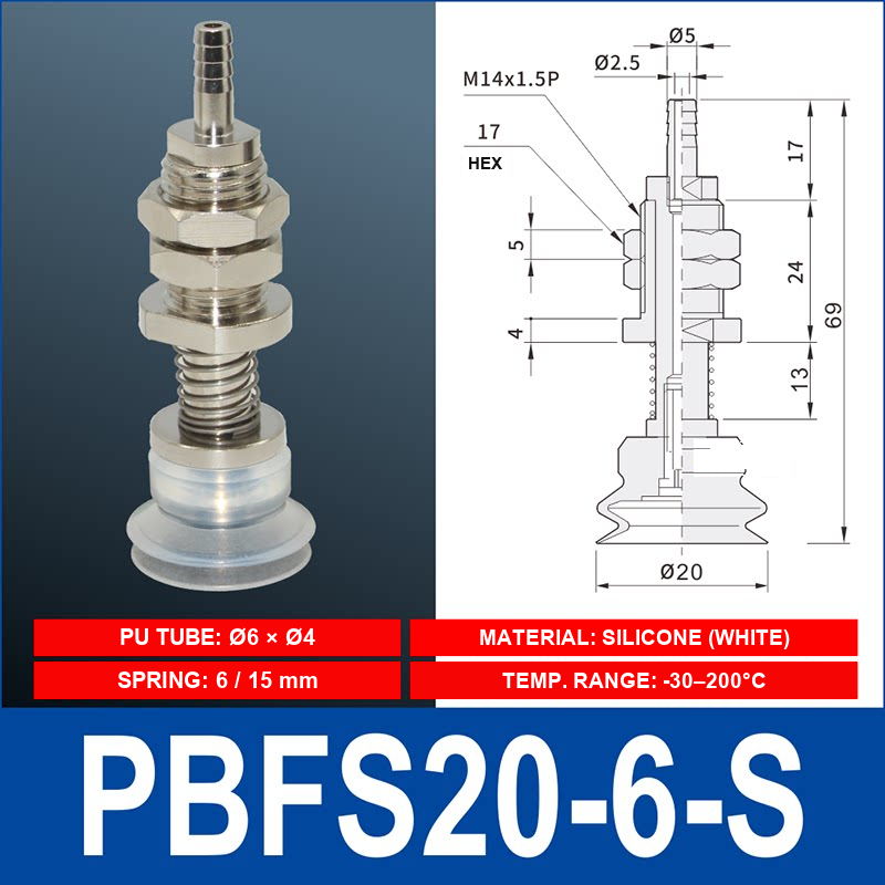 PBFS-20-6-S – Silicone PBFS spring-loaded vacuum cup mount with technical dimensions