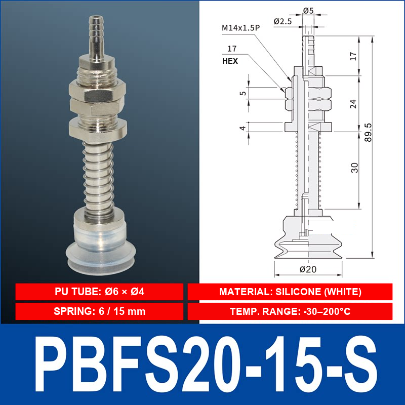 PBFS-20-15-S – Silicone PBFS spring-loaded vacuum cup mount with technical dimensions
