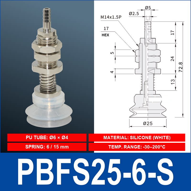 PBFS-25-6-S – Silicone PBFS spring-loaded vacuum cup mount with technical dimensions