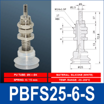 PBFS-25-6-S – Silicone PBFS spring-loaded vacuum cup mount with technical dimensions