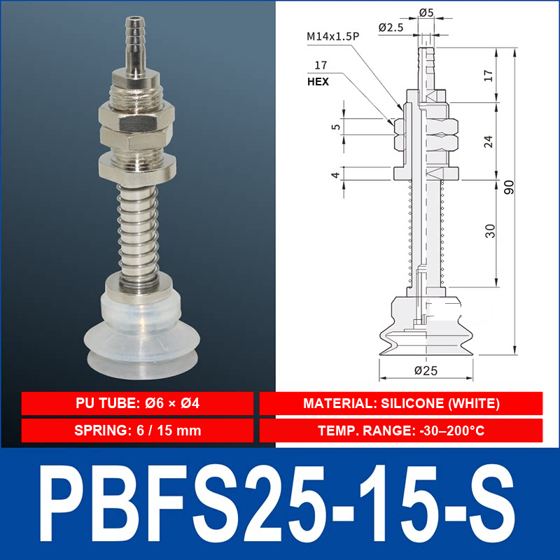 PBFS-25-15-S – Silicone PBFS spring-loaded vacuum cup mount with technical dimensions