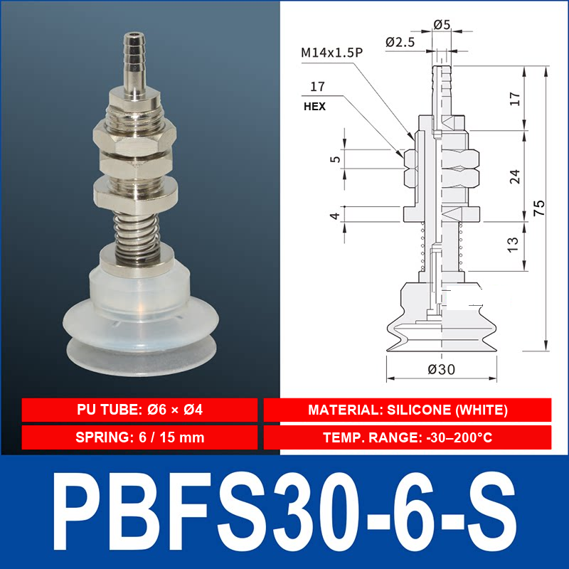 PBFS-30-6-S – Silicone PBFS spring-loaded vacuum cup mount with technical dimensions