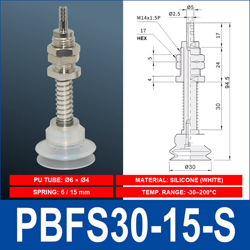 PBFS-30-15-S – Silicone PBFS spring-loaded vacuum cup mount with technical dimensions