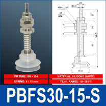 PBFS-30-15-S – Silicone PBFS spring-loaded vacuum cup mount with technical dimensions
