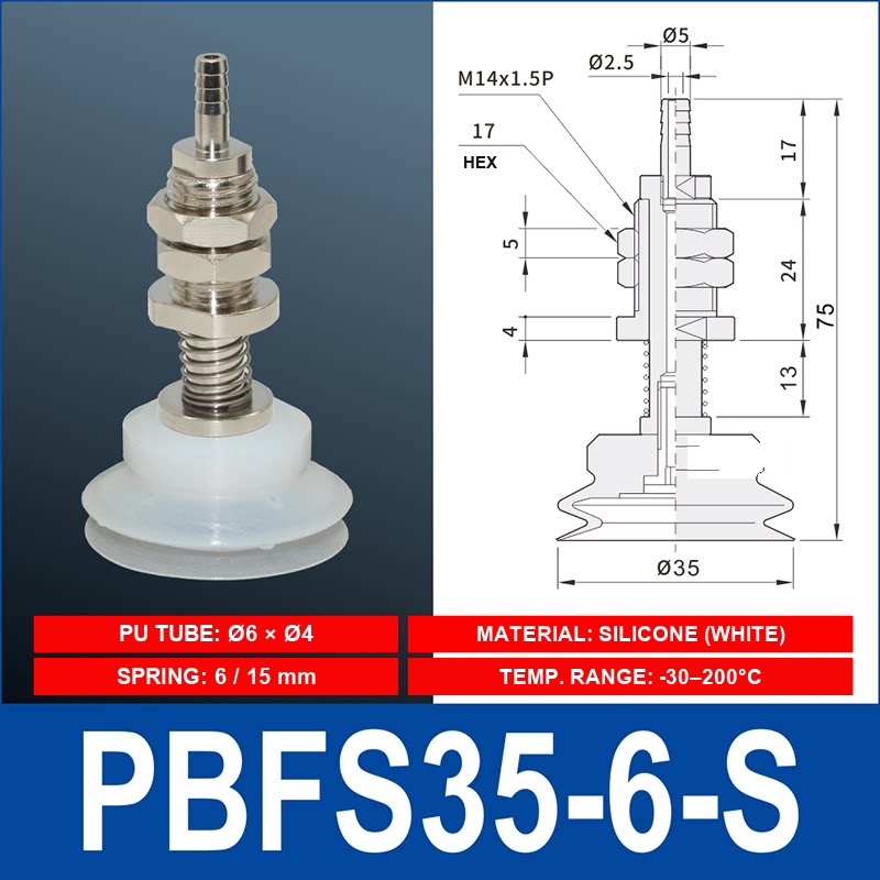 PBFS-35-6-S – Silicone PBFS spring-loaded vacuum cup mount with technical dimensions