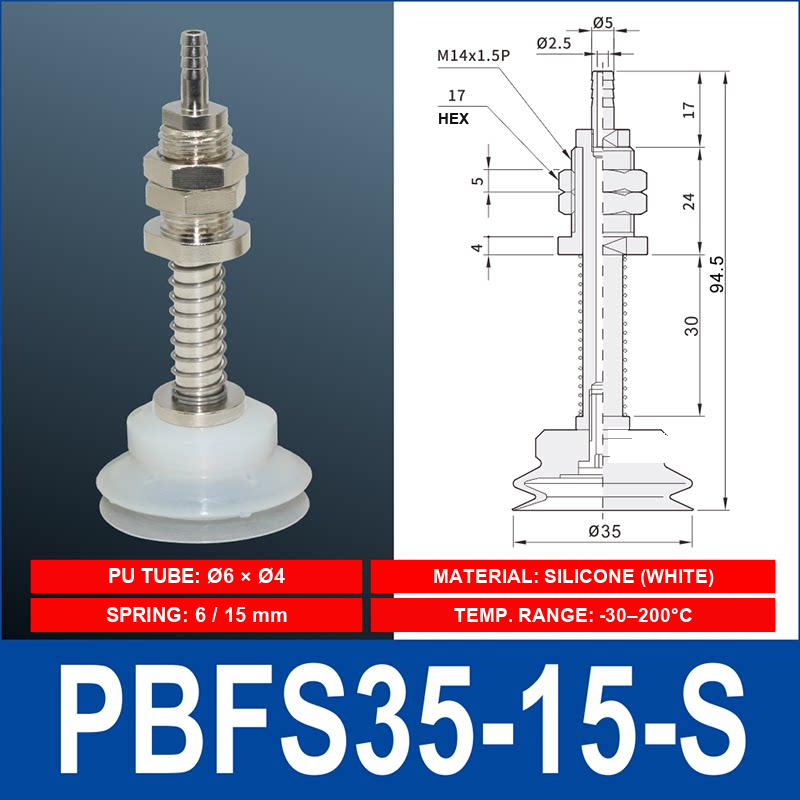 PBFS-35-15-S – Silicone PBFS spring-loaded vacuum cup mount with technical dimensions