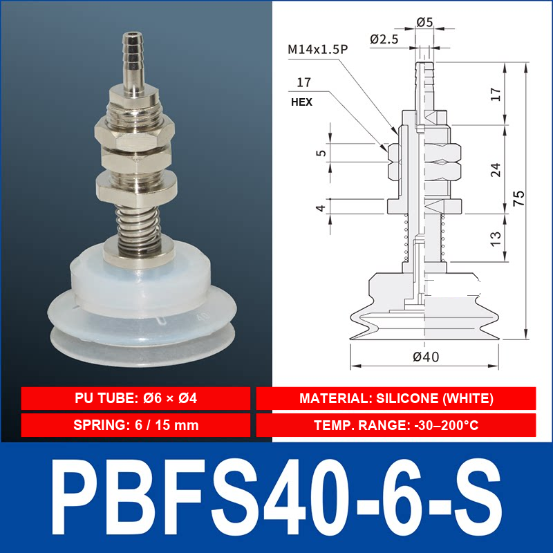 PBFS-40-6-S – Silicone PBFS spring-loaded vacuum cup mount with technical dimensions
