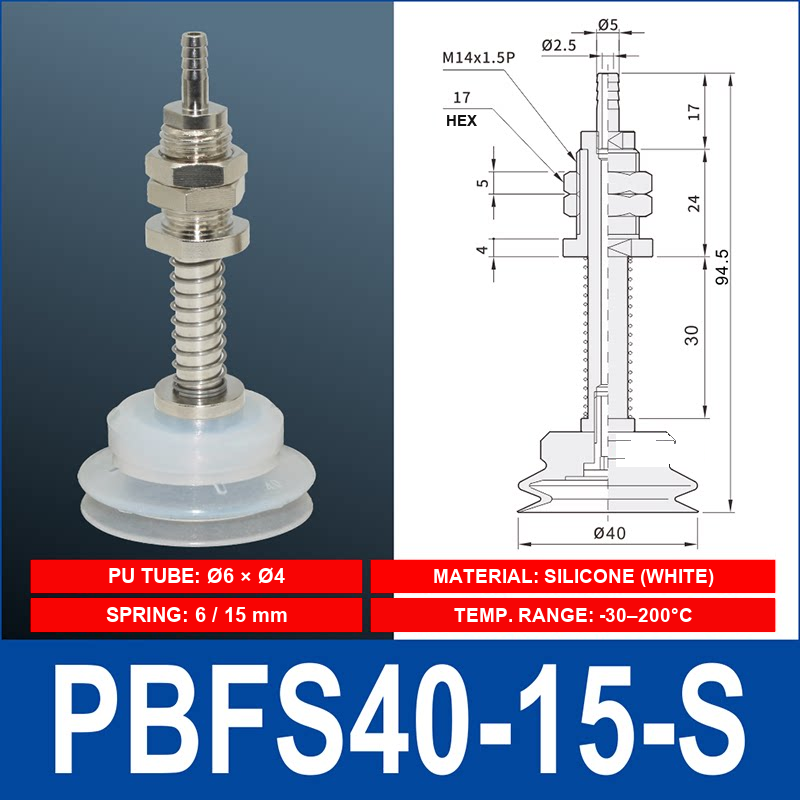 PBFS-40-15-S – Silicone PBFS spring-loaded vacuum cup mount with technical dimensions