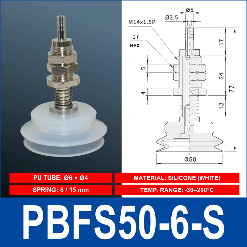 PBFS-50-6-S – Silicone PBFS spring-loaded vacuum cup mount with technical dimensions