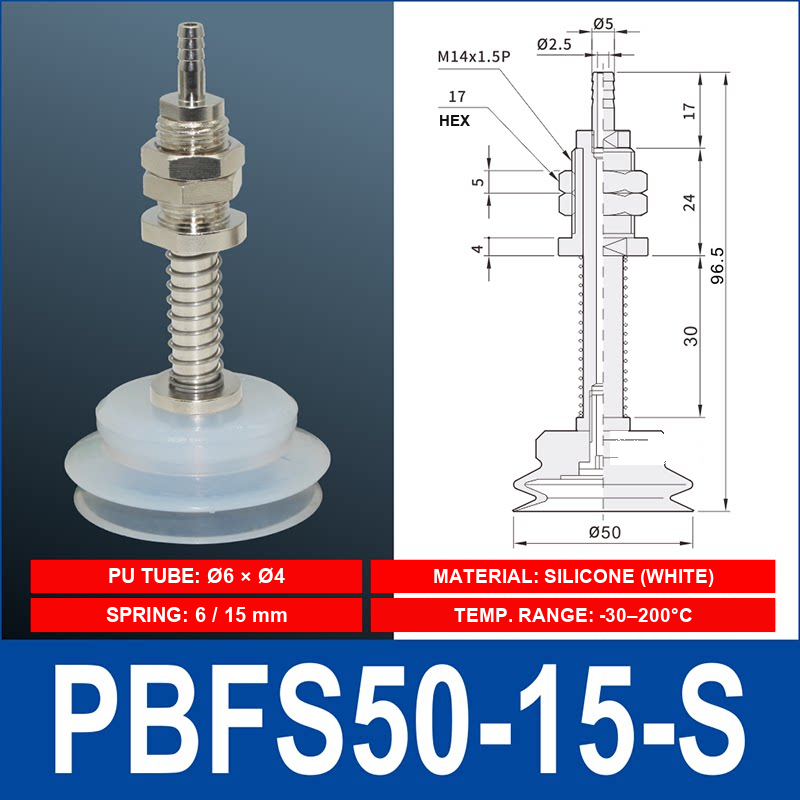 PBFS-50-15-S – Silicone PBFS spring-loaded vacuum cup mount with technical dimensions