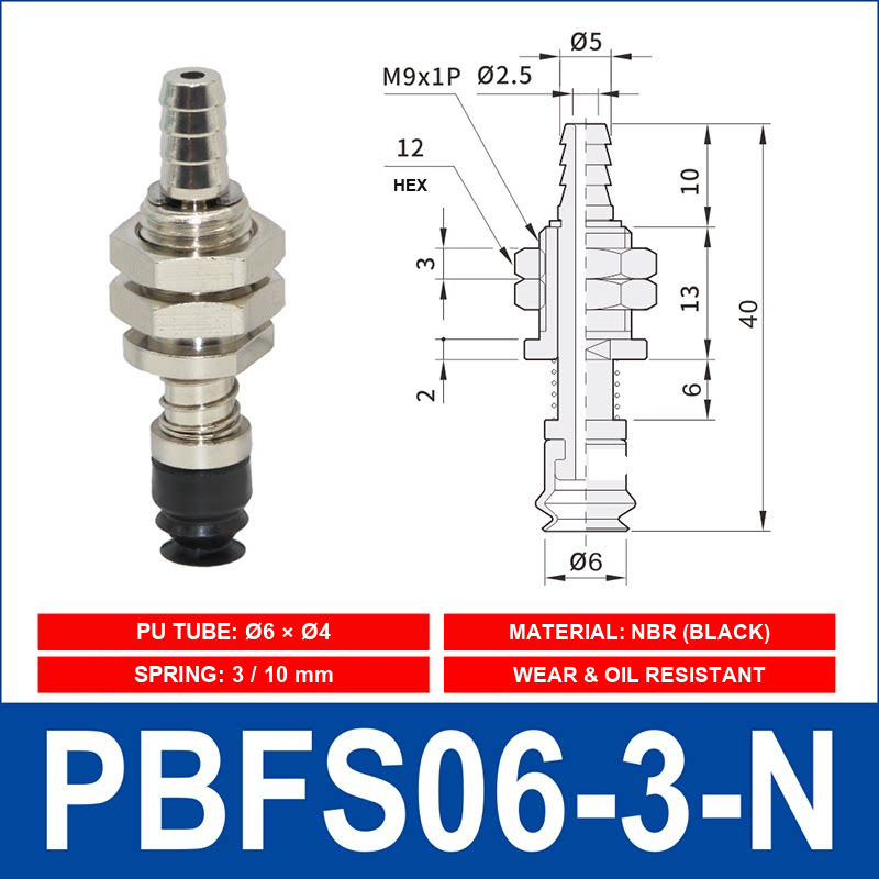 PBFS-06-3-N – NBR PBFS spring-loaded vacuum cup mount with technical dimensions