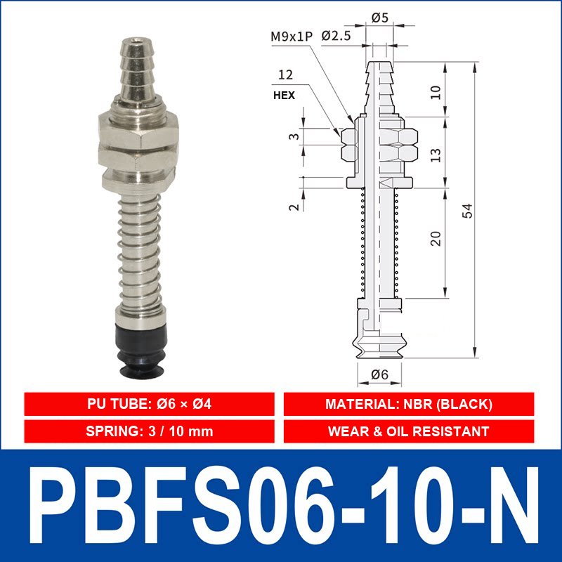 PBFS-06-10-N – NBR PBFS spring-loaded vacuum cup mount with technical dimensions