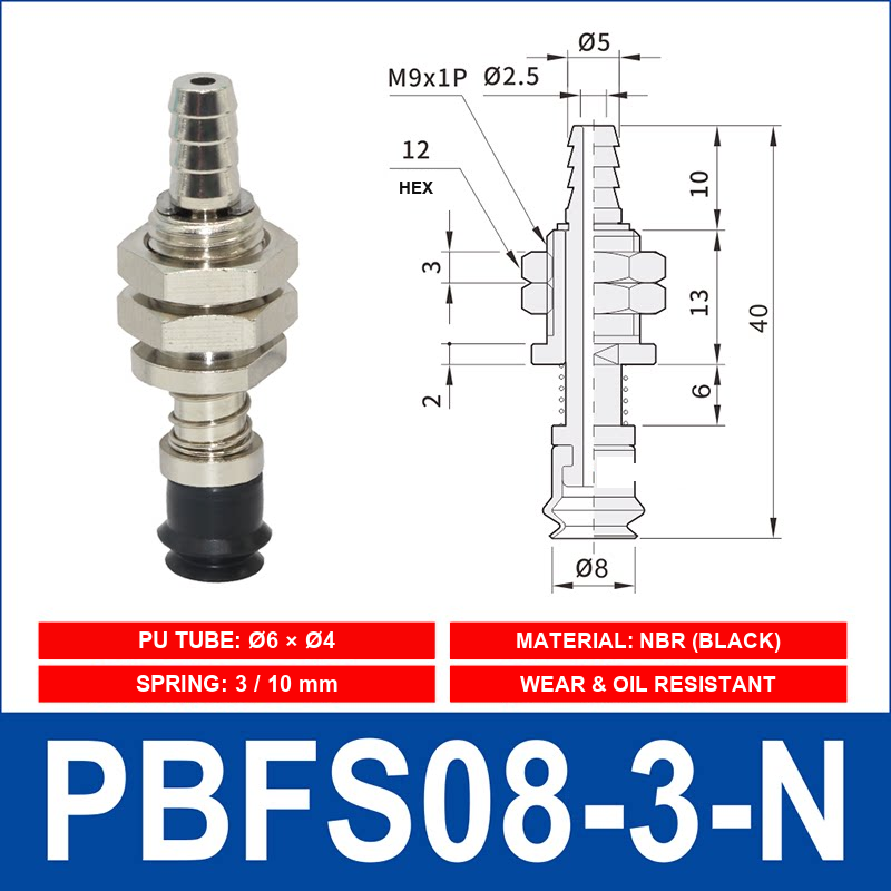 PBFS-08-3-N – NBR PBFS spring-loaded vacuum cup mount with technical dimensions