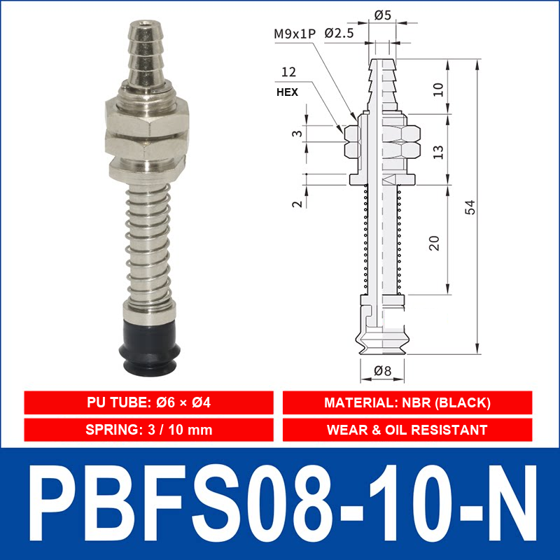 PBFS-08-10-N – NBR PBFS spring-loaded vacuum cup mount with technical dimensions