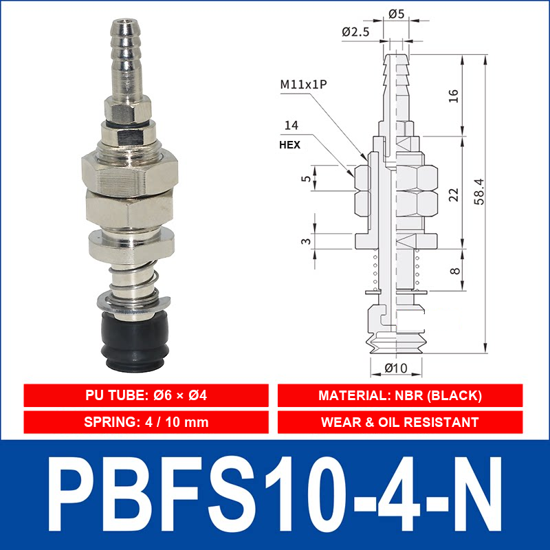 PBFS-10-4-N – NBR PBFS spring-loaded vacuum cup mount with technical dimensions