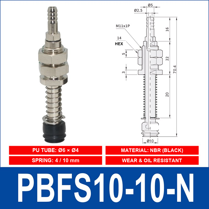 PBFS-10-10-N – NBR PBFS spring-loaded vacuum cup mount with technical dimensions