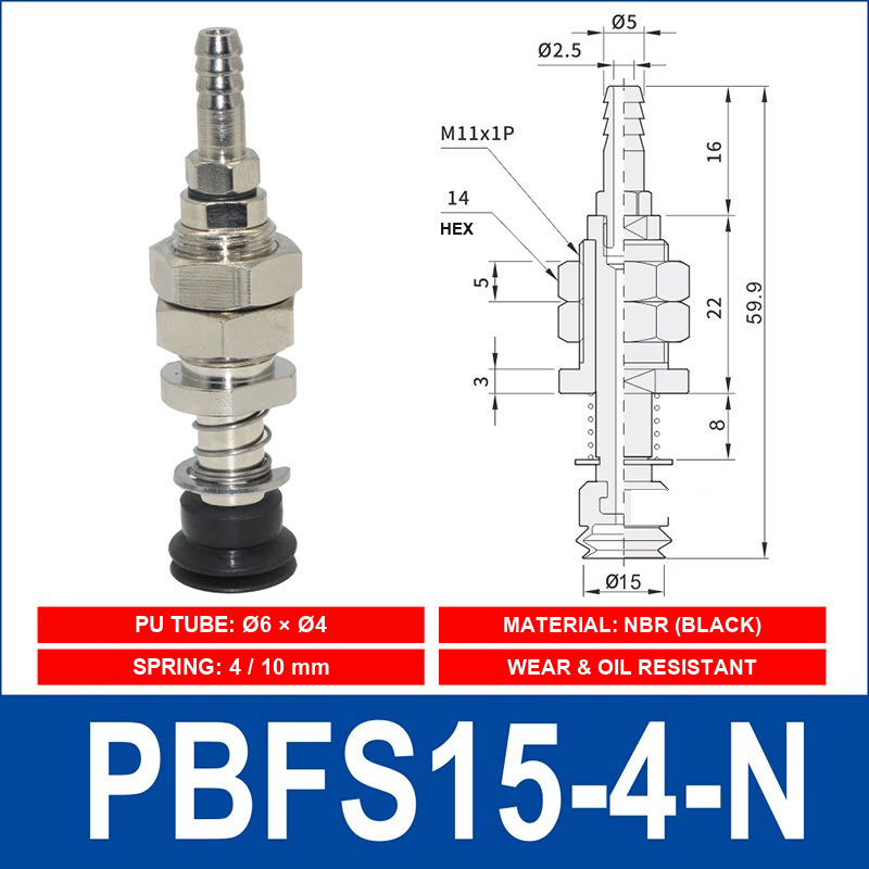 PBFS-15-4-N – NBR PBFS spring-loaded vacuum cup mount with technical dimensions