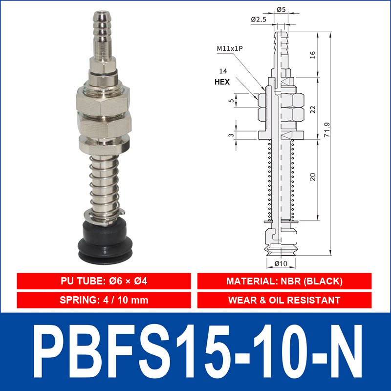 PBFS-15-10-N – NBR PBFS spring-loaded vacuum cup mount with technical dimensions