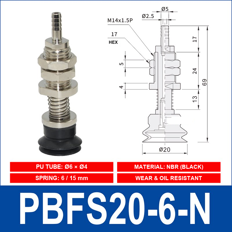 PBFS-20-6-N – NBR PBFS spring-loaded vacuum cup mount with technical dimensions