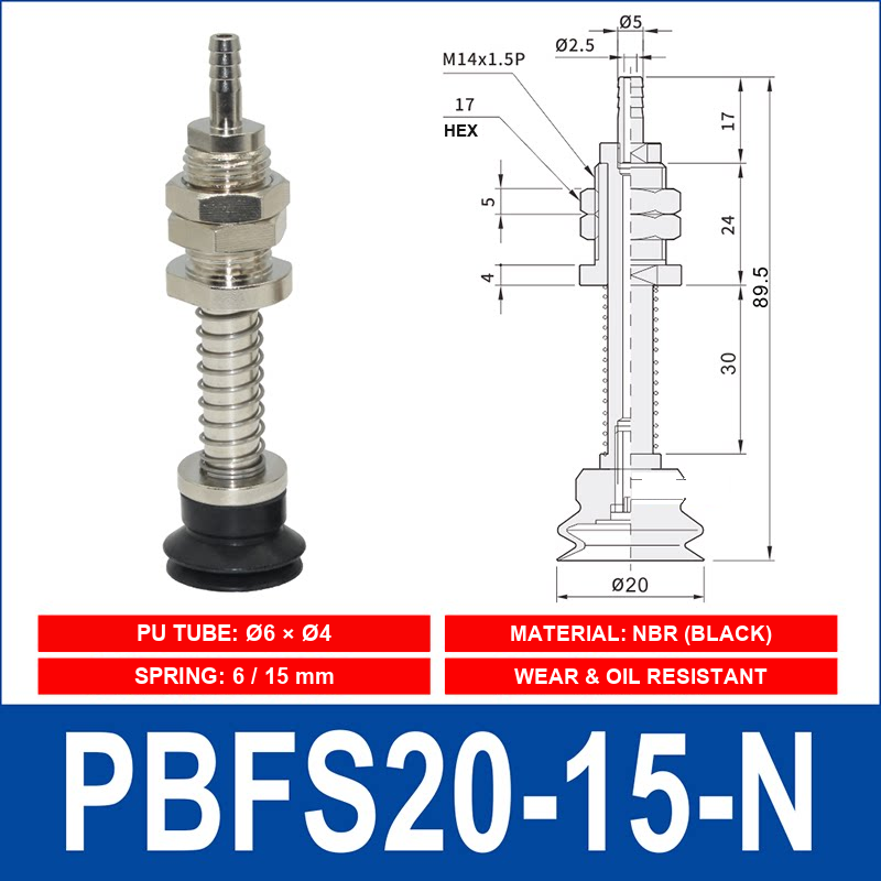 PBFS-20-15-N – NBR PBFS spring-loaded vacuum cup mount with technical dimensions