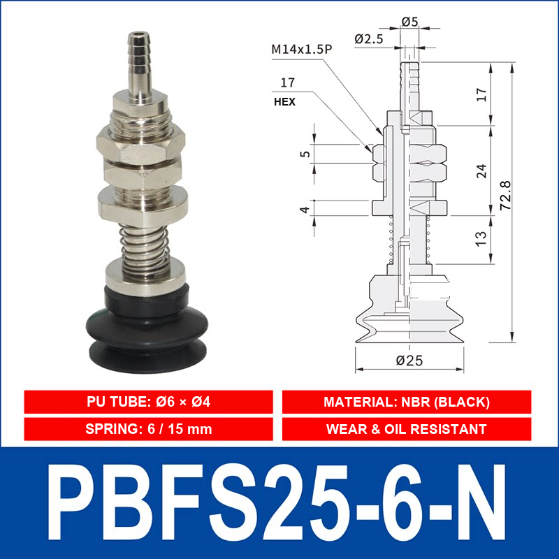 PBFS-25-6-N – NBR PBFS spring-loaded vacuum cup mount with technical dimensions