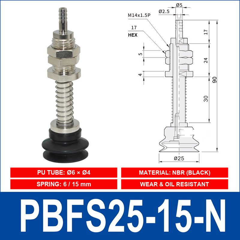 PBFS-25-15-N – NBR PBFS spring-loaded vacuum cup mount with technical dimensions