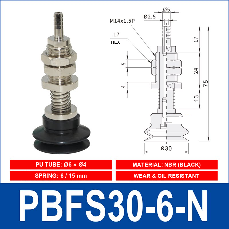 PBFS-30-6-N – NBR PBFS spring-loaded vacuum cup mount with technical dimensions