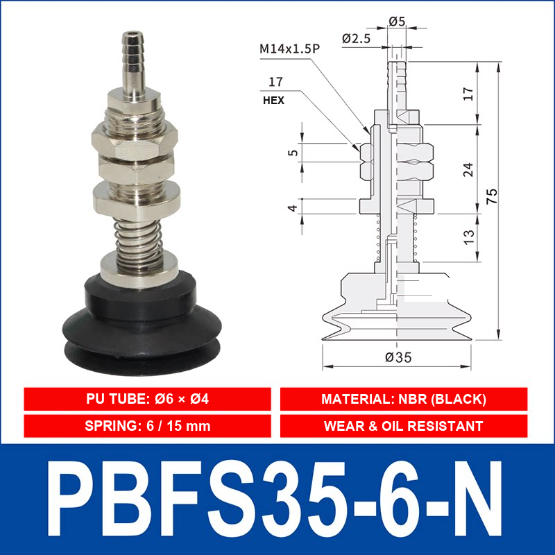 PBFS-35-6-N – NBR PBFS spring-loaded vacuum cup mount with technical dimensions
