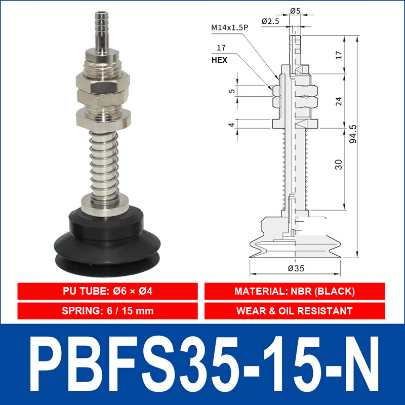 PBFS-35-15-N – NBR PBFS spring-loaded vacuum cup mount with technical dimensions