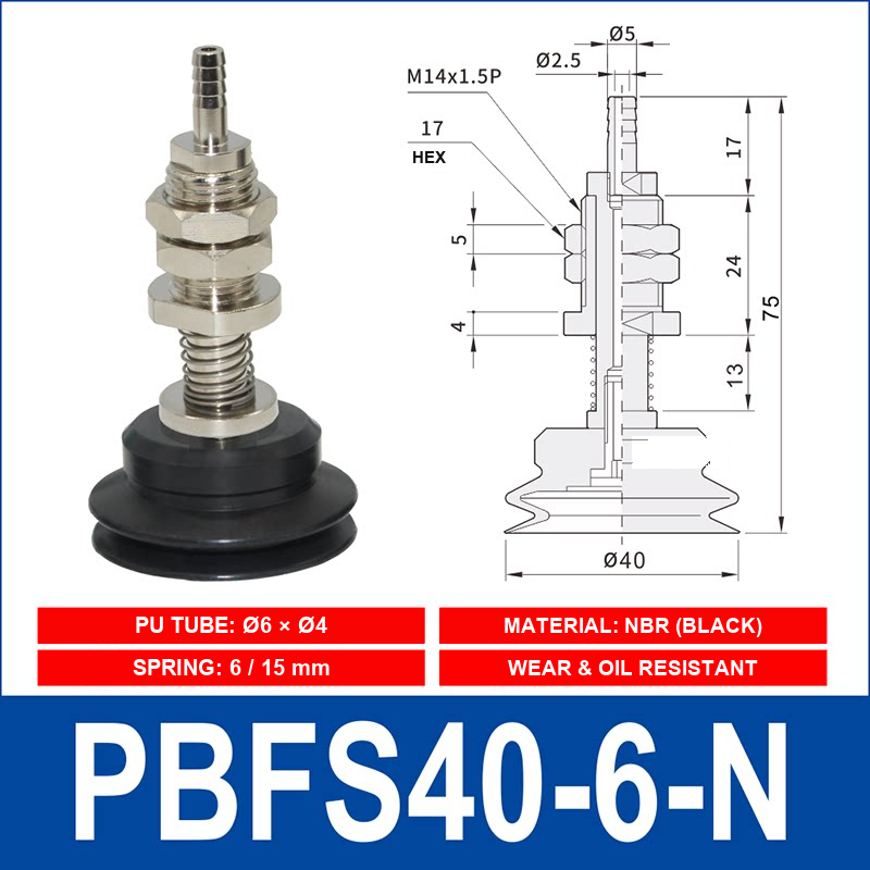 PBFS-40-6-N – NBR PBFS spring-loaded vacuum cup mount with technical dimensions