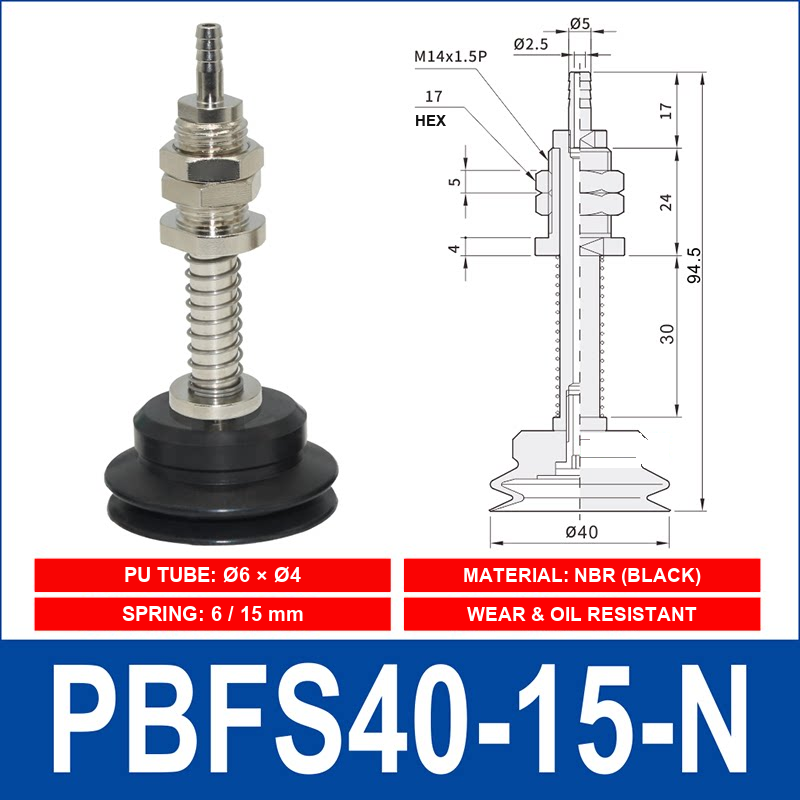PBFS-40-15-N – NBR PBFS spring-loaded vacuum cup mount with technical dimensions